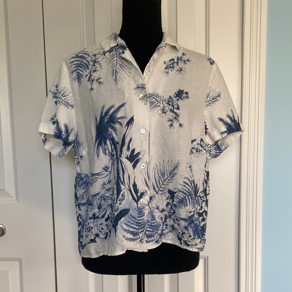 Panama Jack Large Button Up Short Sleeve White and Blue Linen Tropical Shirt